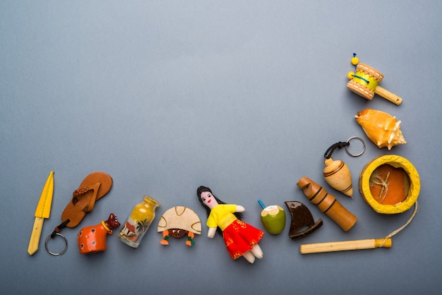 Handicrafts and souvenirs from northeastern Brazil on neutral gray background