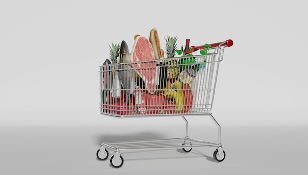 Handletralle med matprodukter isolert på hvit bakgrunn, 3D-rendering