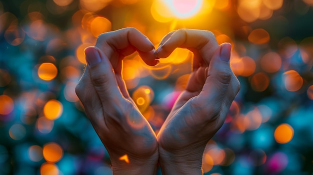 hands making a heart with the sun behind them