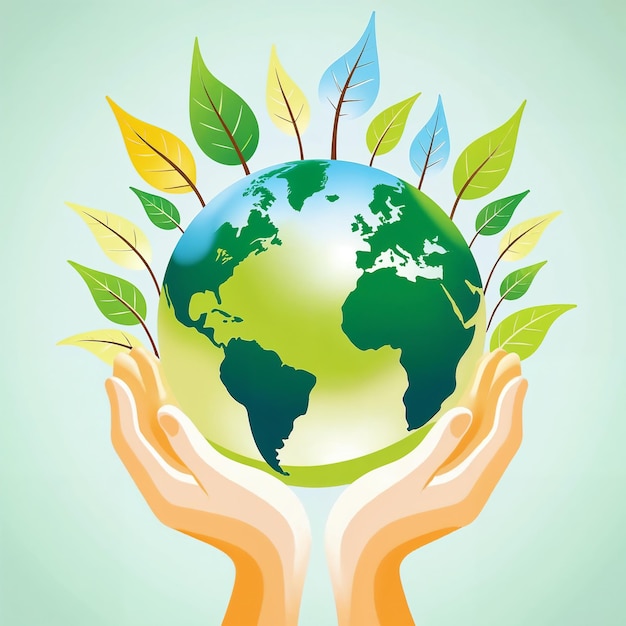 Hands protecting the earth with green leaves