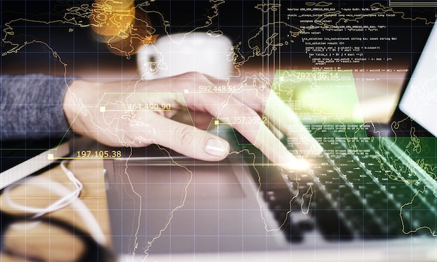 Hands using programming laptop computer
