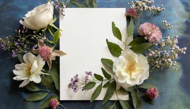 Happy engagement card with flowers and leaves copy space text mockups top view