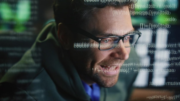 Happy specialist creating code at data hologram closeup smiling man programming