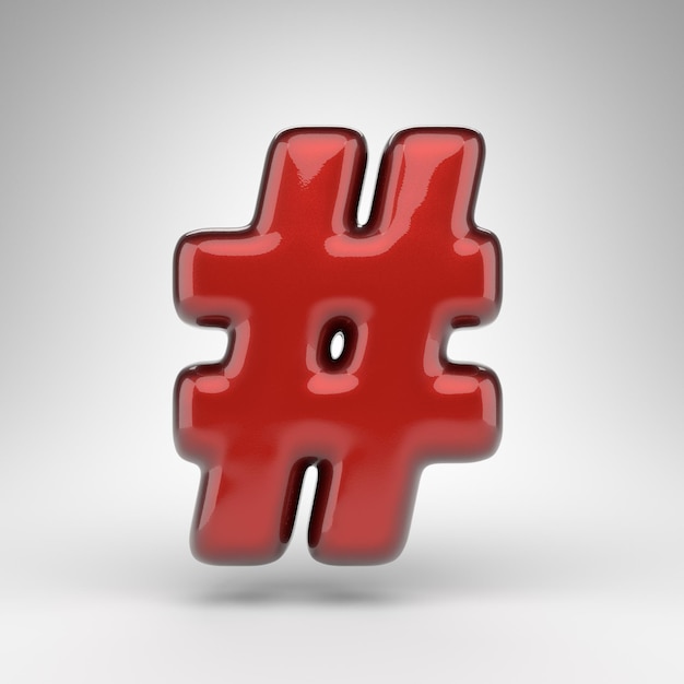 Hashtag symbol on white background. Red car paint 3D rendered sign with glossy metallic surface.