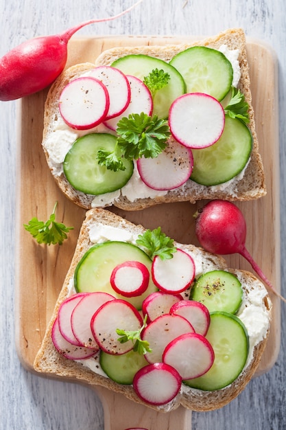 Healthy sandwich with radish cucumber and cream cheese