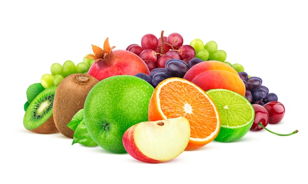 Heap of different fruits and berries isolated on white background