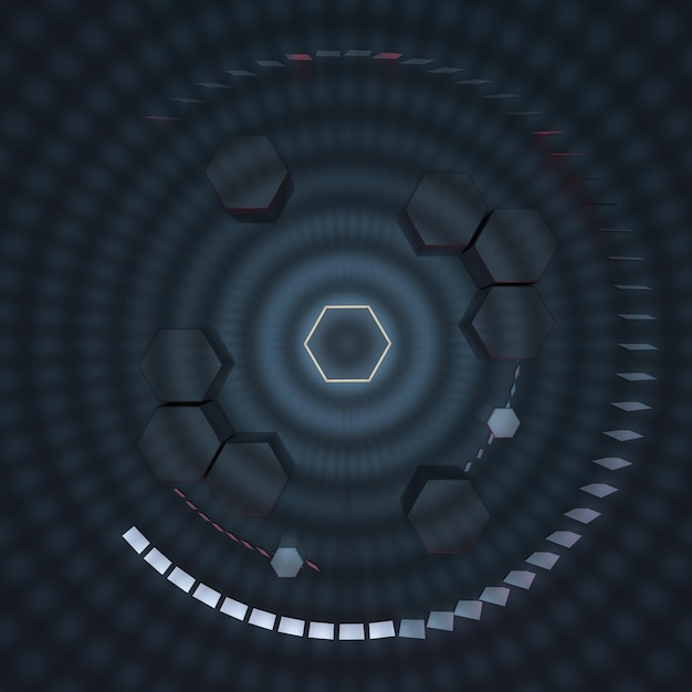 Hexagon cube with dark background surrounded by glowing lines 3d rendering