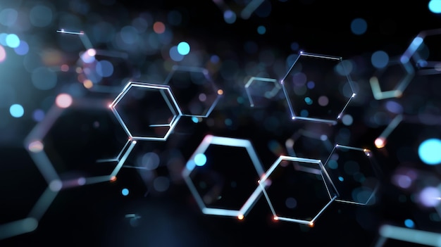 Hexagonal structures with glowing elements create an abstract digital background