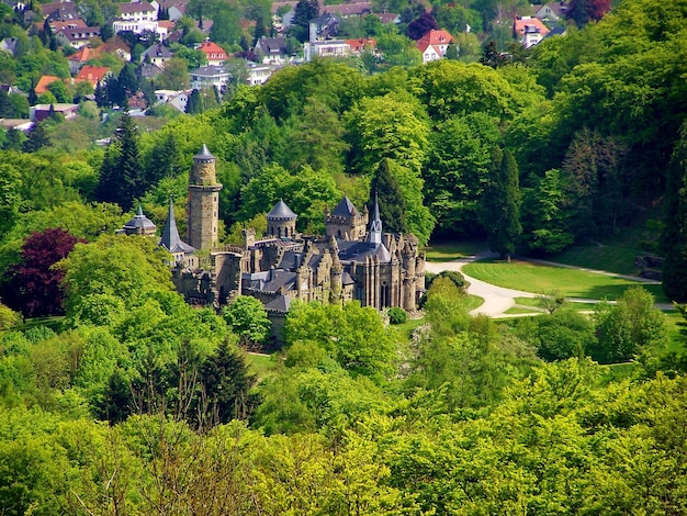 High angle view of castle amidst trees