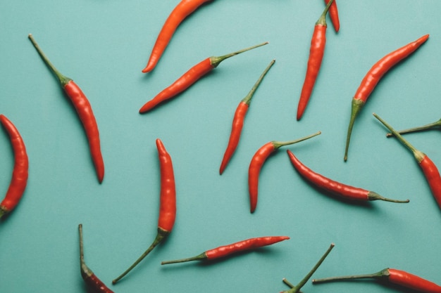 High angle view of red chili peppers on table