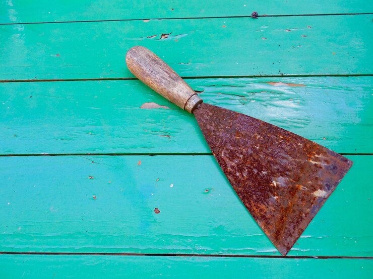 Foto high angle view of rusty work tool on wooden table