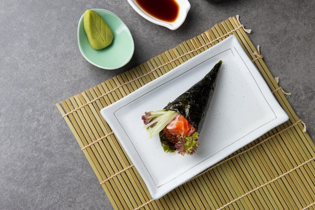 high angle view of sushi in plate on table