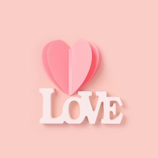 Hjerte og ordet kjærlighet St. Valentinsdag kjærlighet eller bryllupsdag konsept Klipp ut rosa papirhjerte og