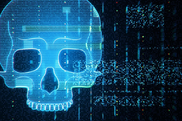 Holografisk hodeskalle med binær kode desintegrasjon på en mørk digital bakgrunn Datatap konsept 3D-gjengivelse