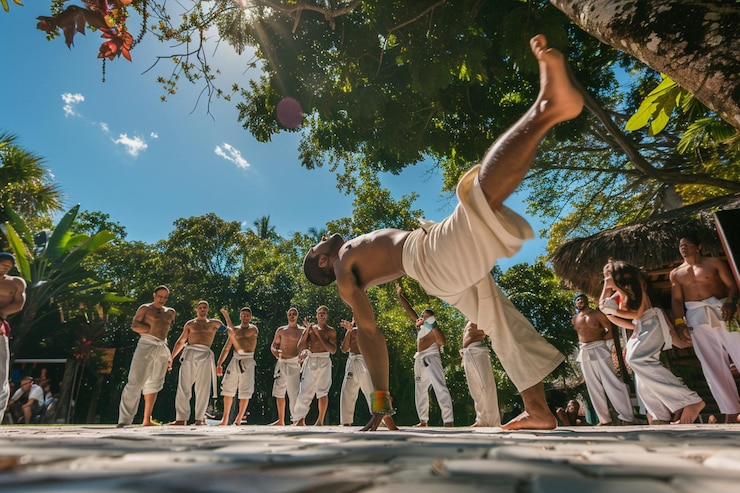 Foto host a capoeira demonstration by local martial art generative ai