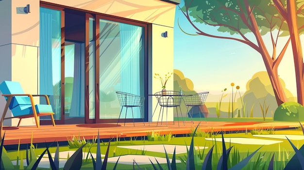 House terrace with chairs table and glass doors Vector cartoon illustration of summer garden or backyard landscape with green grass trees and empty cottage veranda with wooden floor