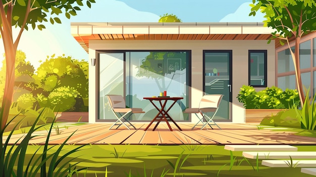 House terrace with chairs table and glass doors Vector cartoon illustration of summer garden or backyard landscape with green grass trees and empty cottage veranda with wooden floor