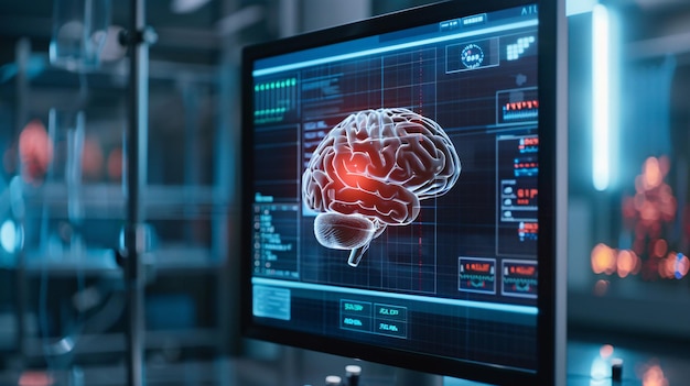 human brain with xray image on computer screen technology and science concept