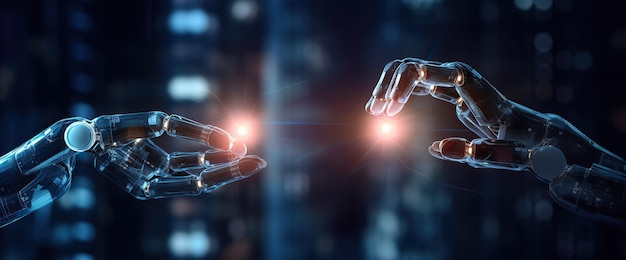 Human touch on robot hand and big data network artificial intelligence machine learning data crea