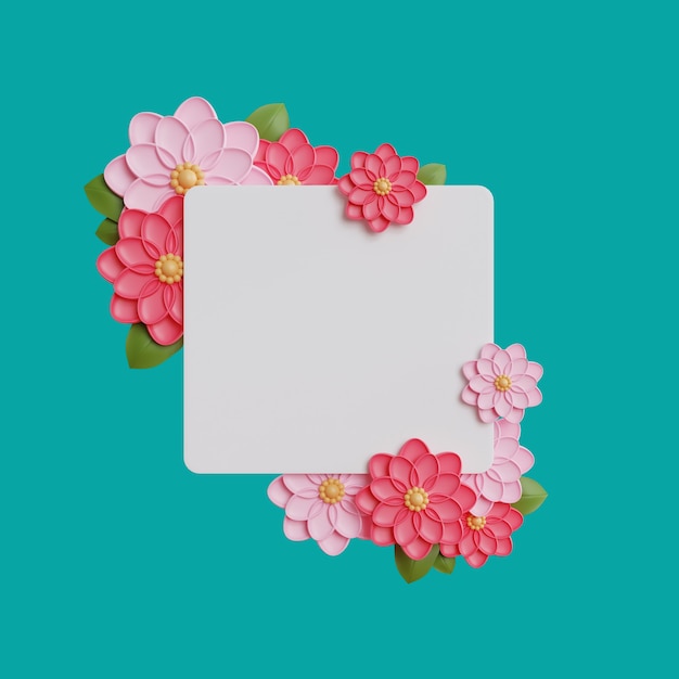 Hvit ramme med rosa blomster. 3D-rendering av vår-bakgrunnskonsept.