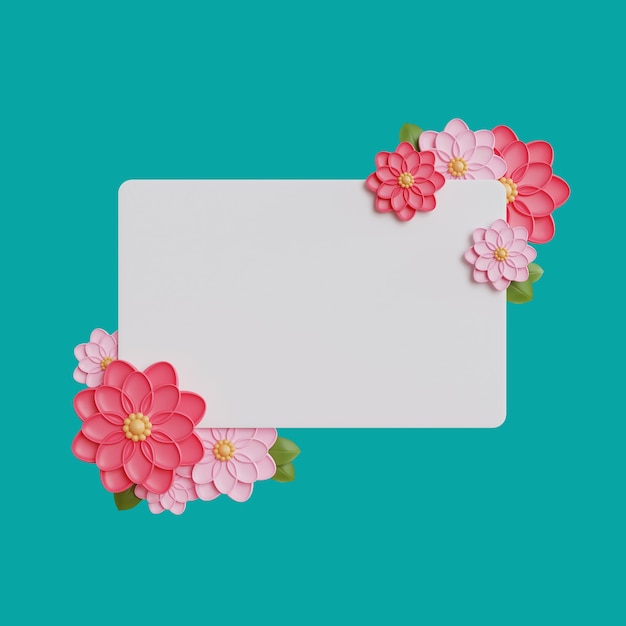 Hvit ramme med rosa blomster. 3D-rendering av vår-bakgrunnskonsept.