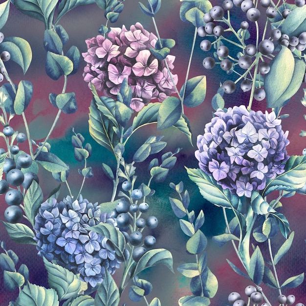 Hydrangea flowers of blue lilac and pink flowers with eucalyptus branches on a washes background Watercolor illustration Seamless pattern from the WEDDING FLOWERS collection For decoration design
