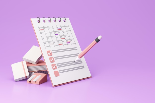 icon composition with calendar with scheduled dates and appointments clock todo list with tasks reminders and messages paper with pencil and book on purple background realistic 3d render