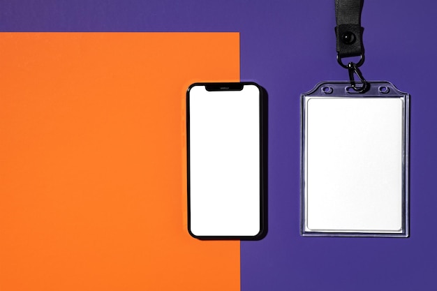 ID holder png mockup phone screen transparent design black lanyard flat lay