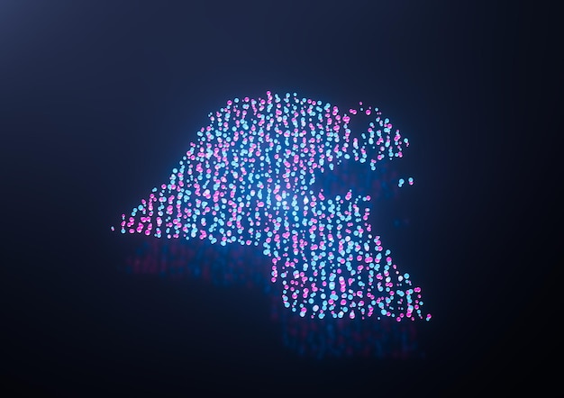 illuminated kuwait digital data map pink and blue neon glowing particles 3d illustration