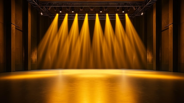 illuminated stage with dramatic yellow lighting and spotlights ideal for performances or events