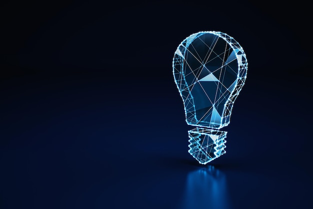 Illuminated wireframe of a bulb light on dark blue background d rendering