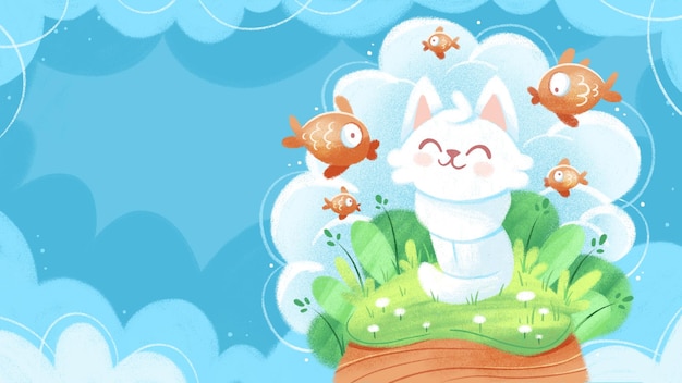 illustration of a cute cat dreaming of fish in kawaii cartoon style