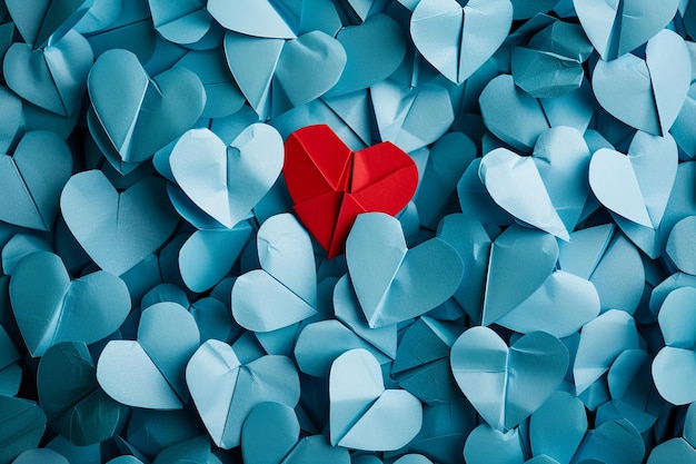 illustration of background of blue paper hearts with one red heart in the center symbolizing love