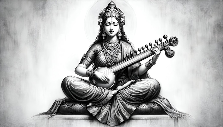 Foto illustration of goddess saraswati playing veena in hand dawn sketchy style