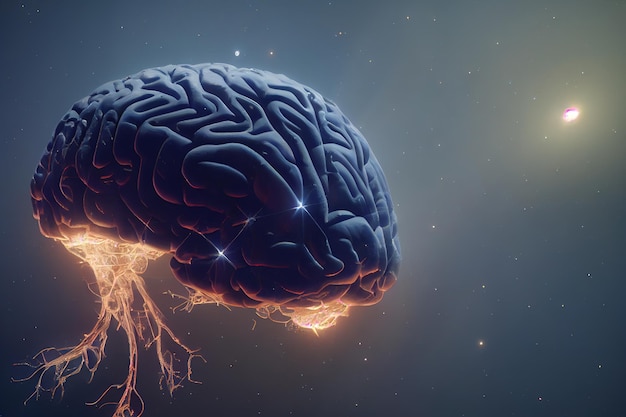 Illustration of human brain with impulses of neurons