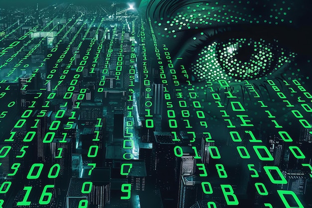 Illustration of the bitcoin logo is made of green digital binary code the background color should b
