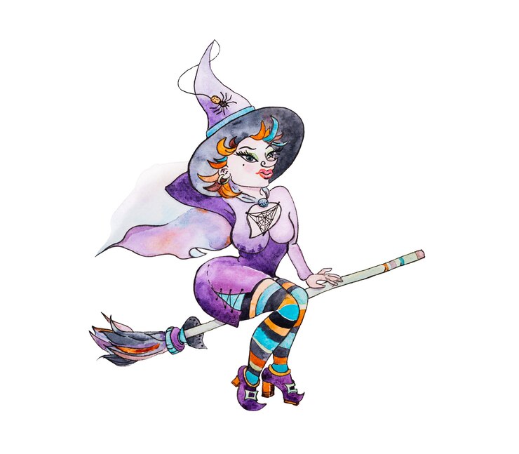 Foto illustration of the playful witch in the purple costume on the broomstick isolated on the white background