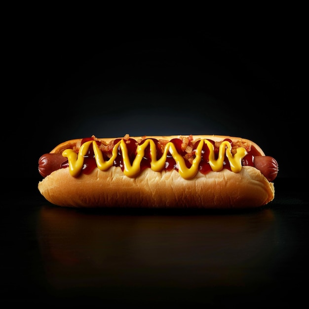 Image of a hotdog with mustard and ketchup sauce