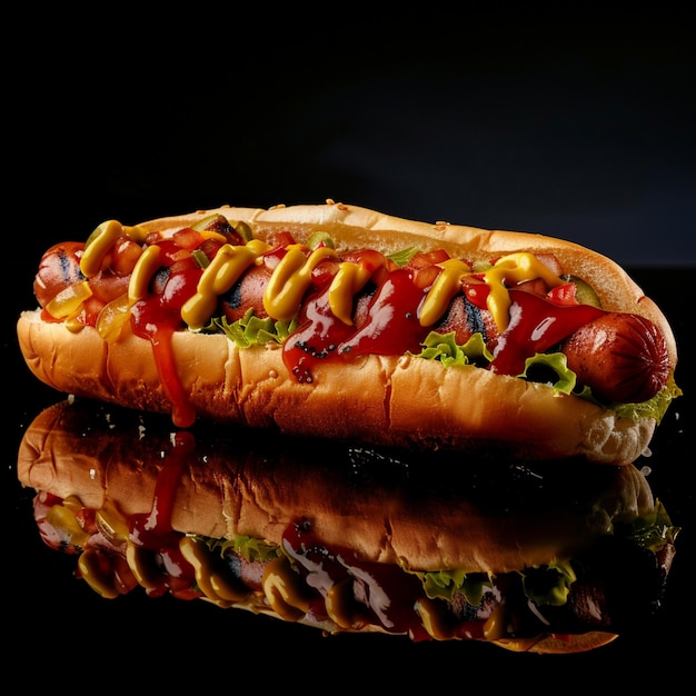 Image of a hotdog with mustard and ketchup sauce