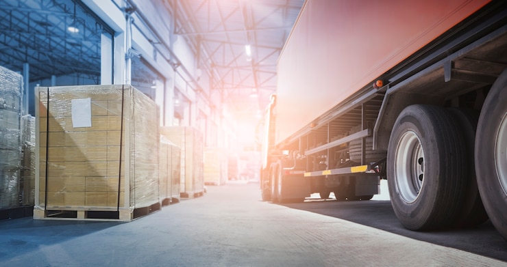 Foto industrial business cargo freight truck transport and logistics trailer truck loading ackage boxes