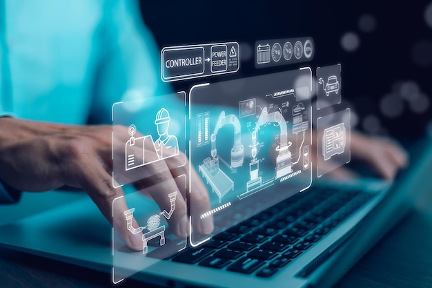 Industrial Engineer and AI Artificial Intelligence concept Manager Technical Industrial Engineer people and control robotics with monitoring system software and icon industry Car EV technology
