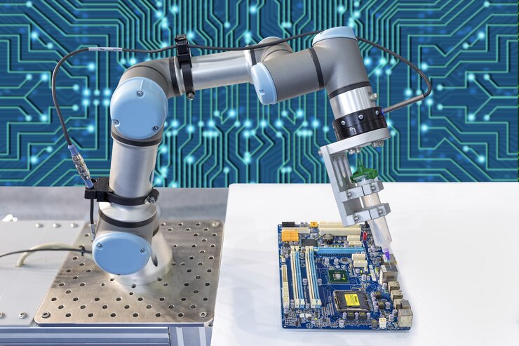Foto industrial robot installing a computer chip 
