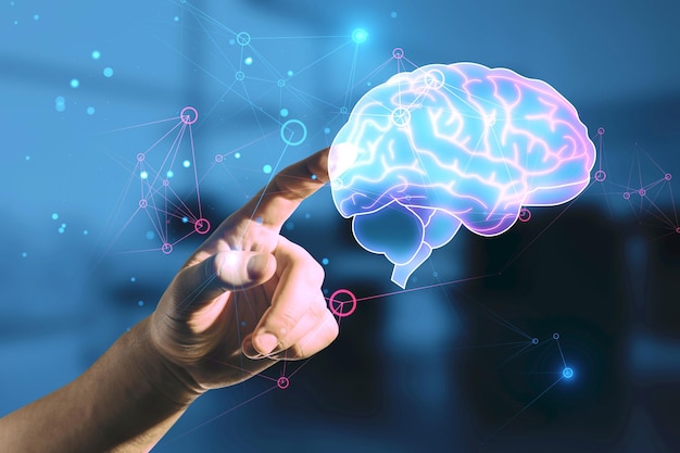 Innovations creative idea and machine learning concept with man finger on virtual touch screen with digital human brain symbol on dark blurred background