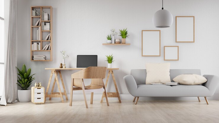 Foto interior blank photo frame living room with white sofa, table and chairs. 3d rendering. 