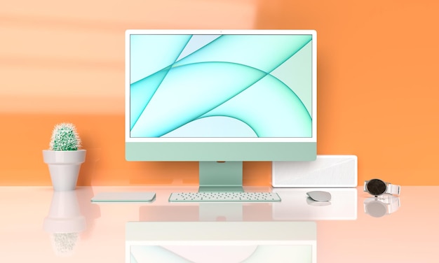 Interior indoor studio house orange wall room green computer notebook laptop tablet loudspeaker keyboard mouse monitor touchscreen display mockup empty blank technology digital workspace3d render