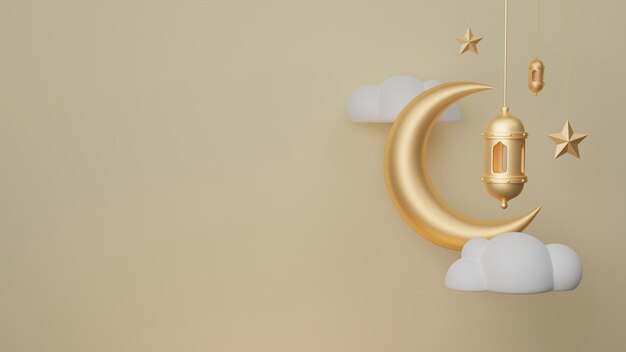 islamic display decoration with moon star cloud and lantern 3d illustration background