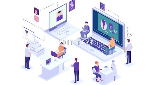 Isometric illustration of a team collaborating on a project using laptops and computers