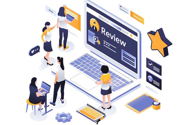 isometric review concept with online feedback and rating on digital devices