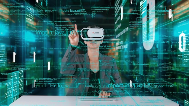 IT developer typing computer code for analyzing intelligent by VR Contraption