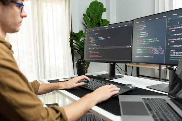 IT developer with stressful overworked in creating online software code Gusher